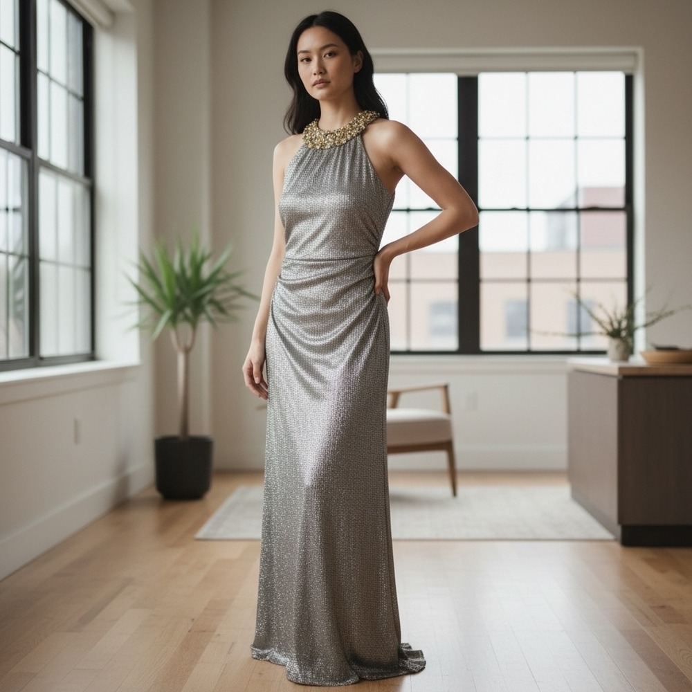 Collection by Dressbarn Ruched Evening Gown Silver Metallic Size 6